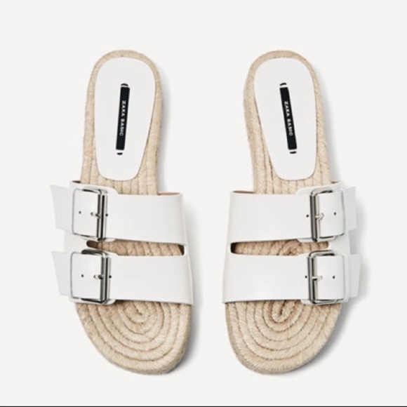 Zara White Leather Buckled Slides - Picture 1 of 5